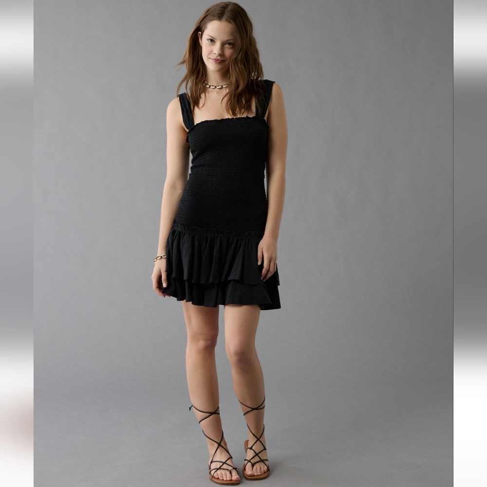 Black Smocked Mini Dress, Black American Eagle Drop Waist Dress, Mini Sundress